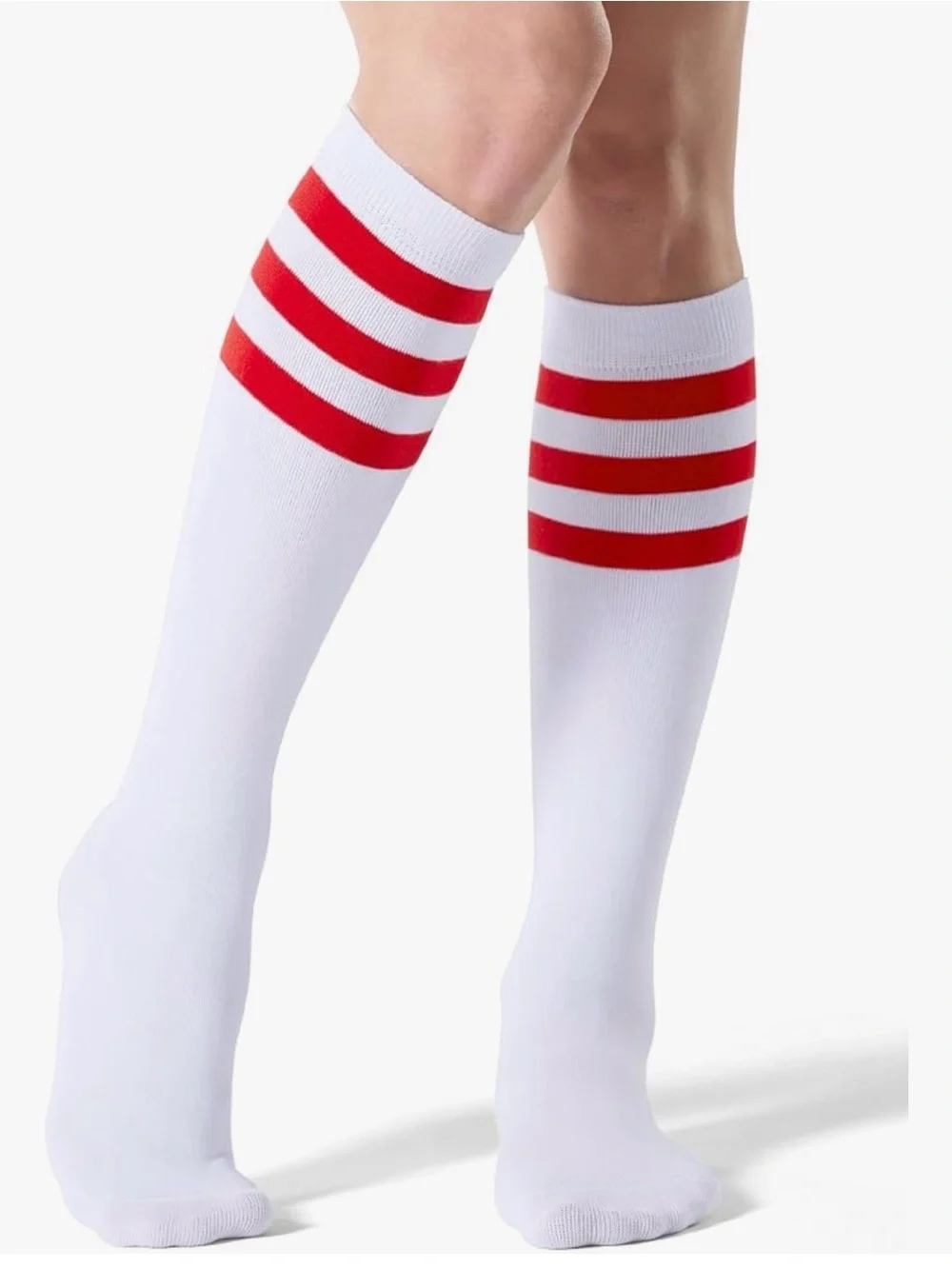 White Knee Socks with Sporty Red stripes women's medium